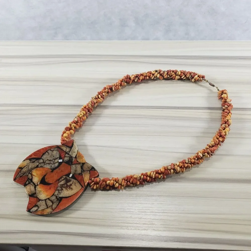 Vintage Lee Sands Inlaid Lion Pendant Statement Necklace Coral Orange 9" 22" - Picture 11 of 12